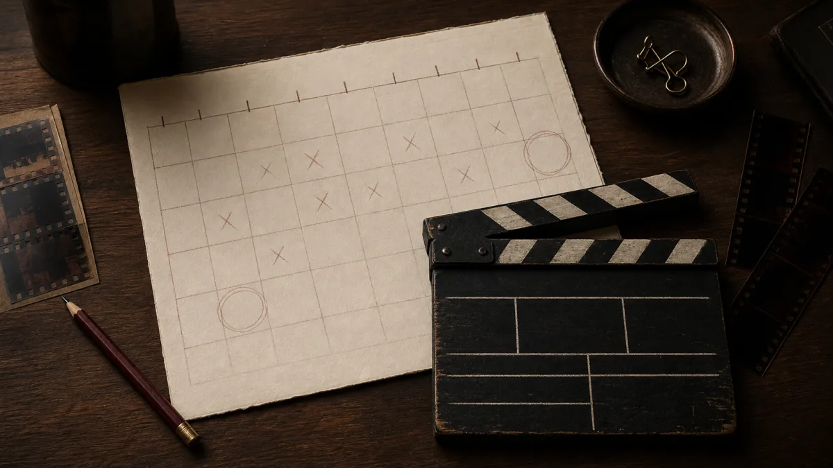 Bàn biên tập điện ảnh với lịch thực hành và clapperboard tượng trưng cho thử thách Brain2.