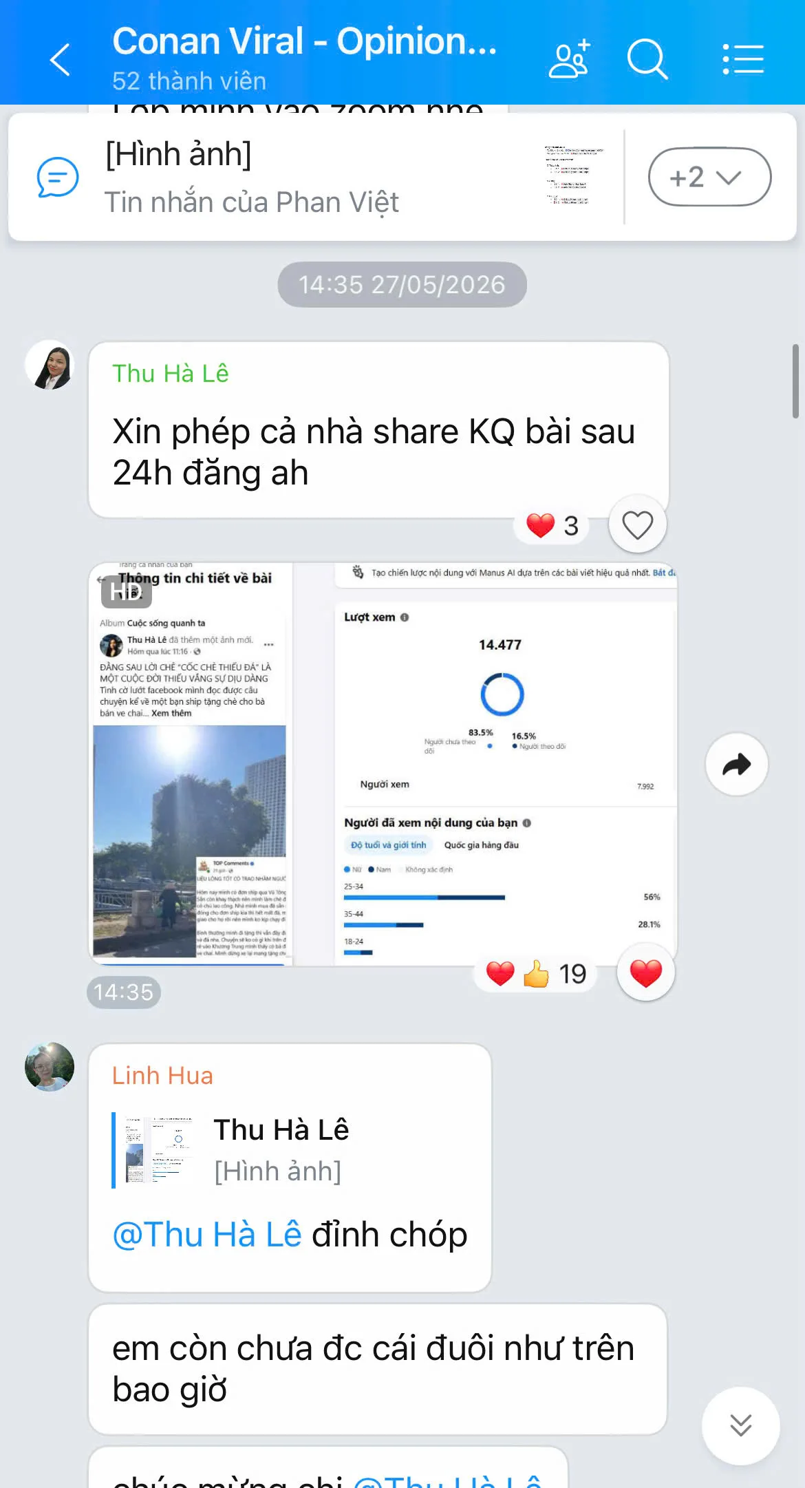 Khoe kết quả sau 24 giờ. Nhóm Conan Viral chia sẻ số liệu bài mới đăng.