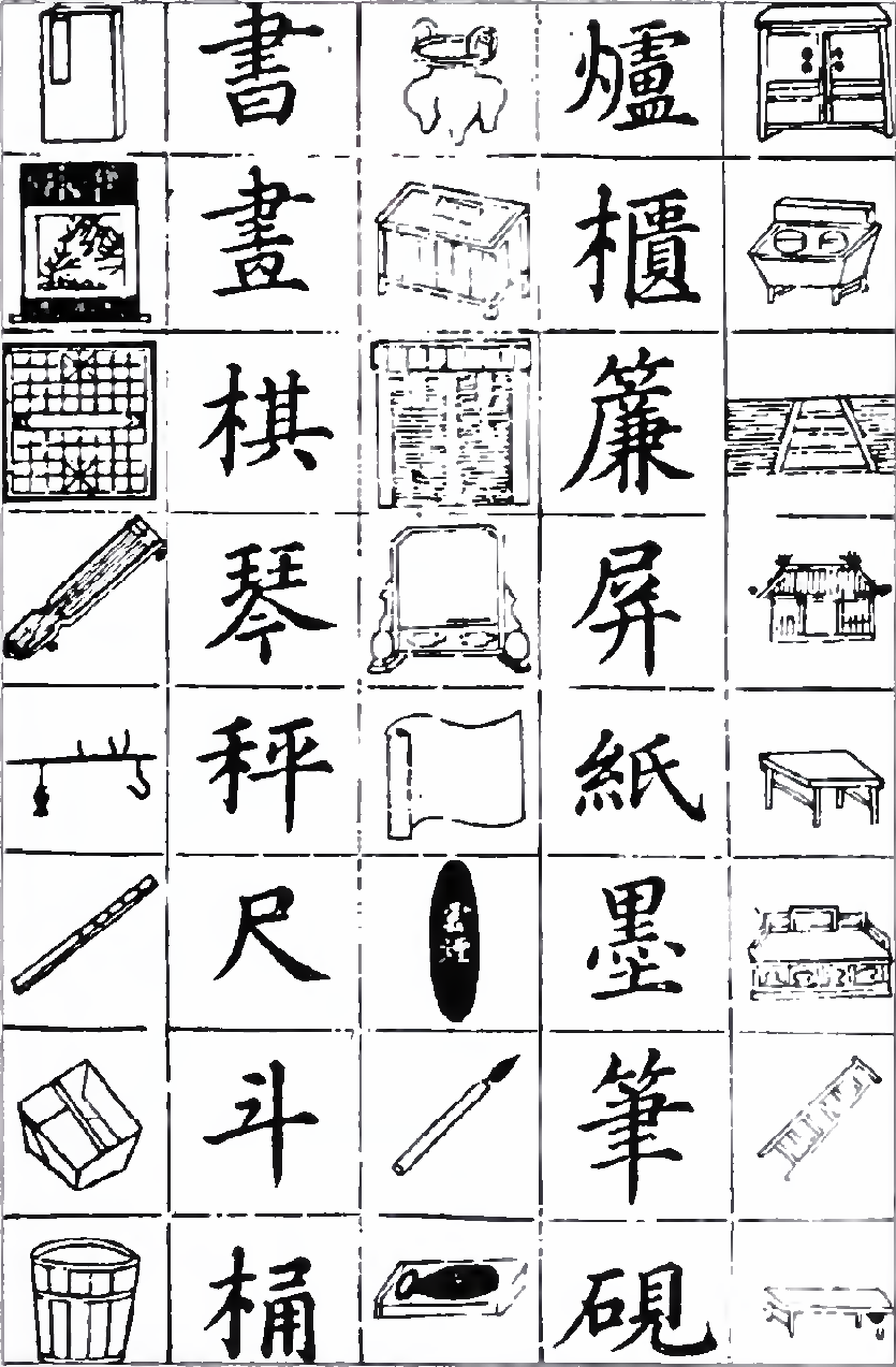 Một trang primer chữ Hán cổ với hình minh họa và chữ viết.
