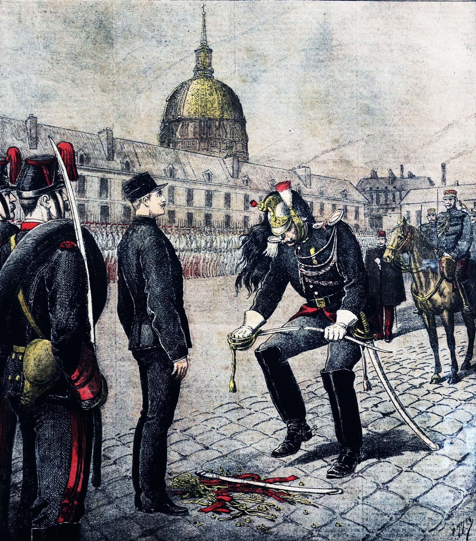 Minh họa sự kiện giáng cấp Alfred Dreyfus trên Le Petit Journal năm 1895.