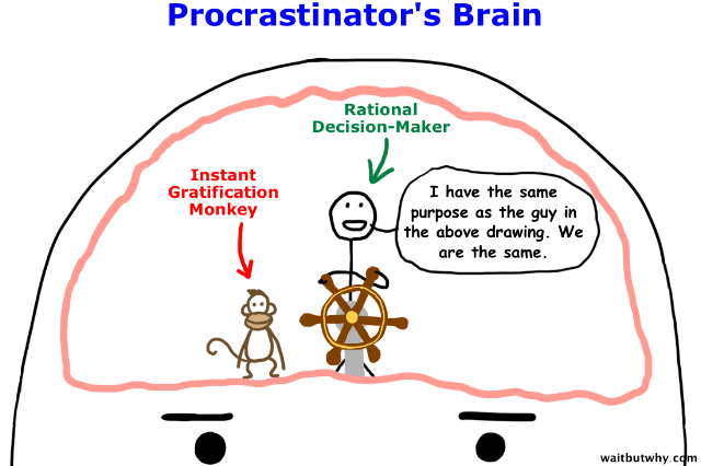 Minh họa bộ não của người trì hoãn với Instant Gratification Monkey.