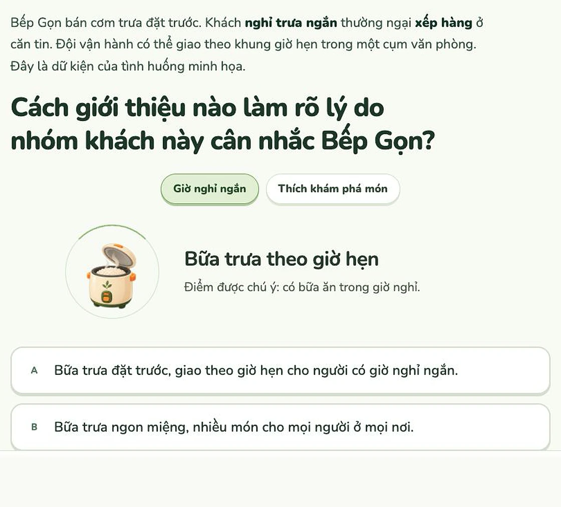 Màn hình bài tập Tensai: tình huống Bếp Gọn, câu hỏi "Cách giới thiệu nào làm rõ lý do nhóm khách này cân nhắc Bếp Gọn?" và hai lựa chọn A, B