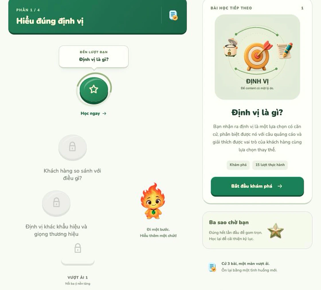 Màn hình bản đồ Tensai: phần 1/4 "Hiểu đúng định vị", bài "Định vị là gì?" đang tới lượt học, các bài sau còn khóa dẫn tới màn Vượt ải 1, thẻ bài học tiếp theo và dòng nhắc "Cứ 3 bài, một màn vượt ải."
